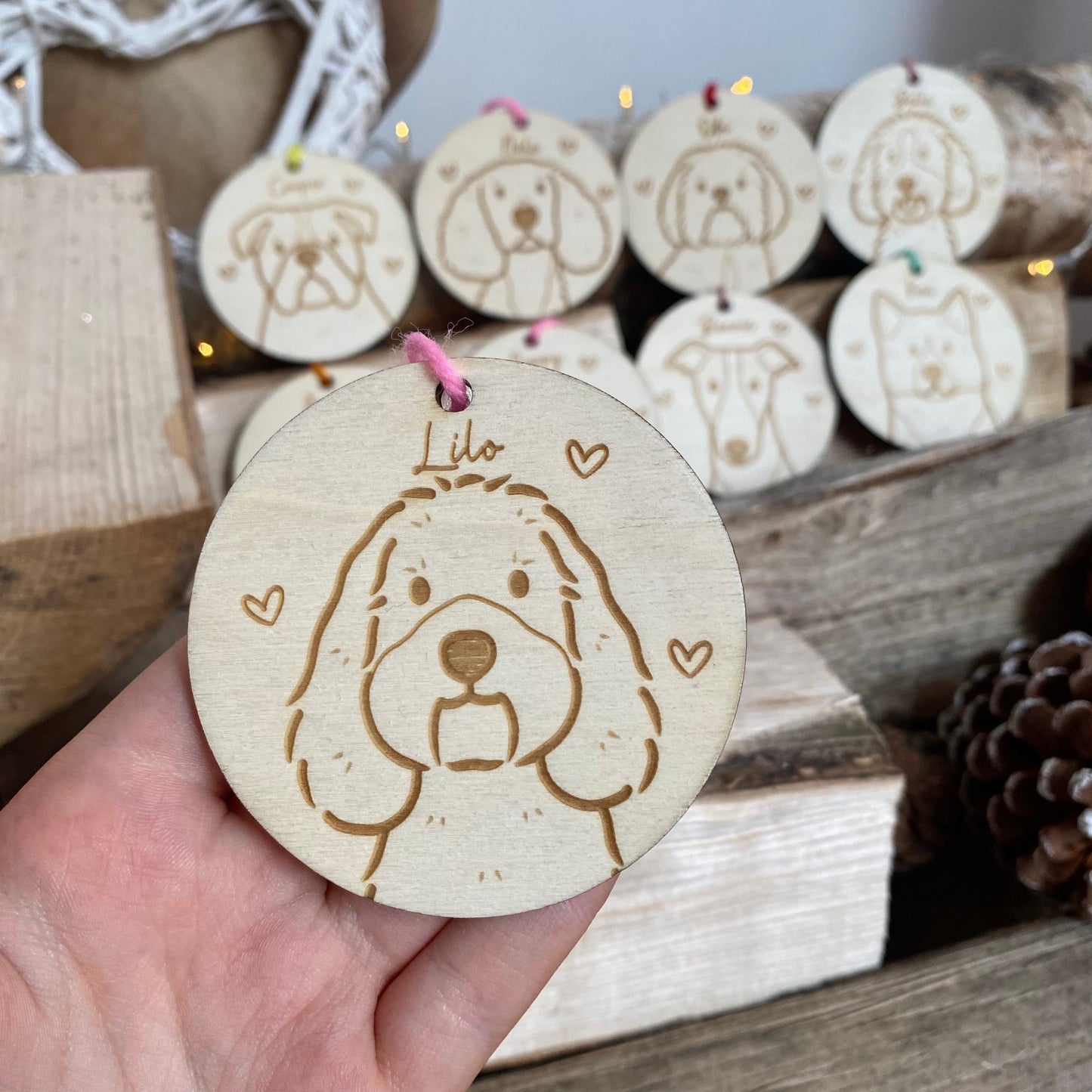 Custom Portrait Dog Decoration Wood Ornament Cute Personalised Illustration Drawing Christmas Bauble Wooden Decor | nymbie