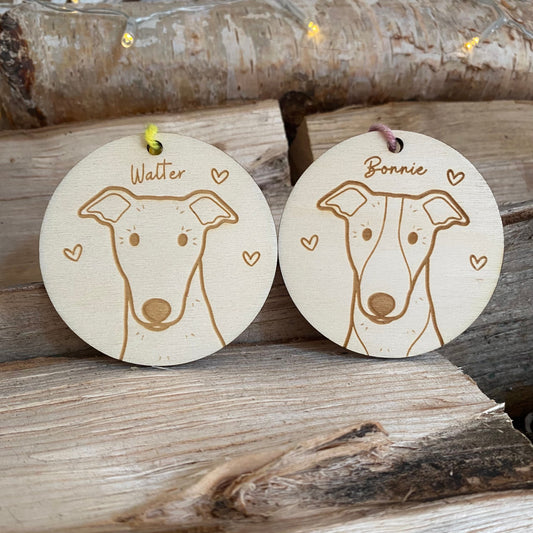 Greyhound Whippet Dog Breed Decoration Wood Ornament Cute Personalised Illustration Portrait Christmas Bauble Wooden Decor | nymbie