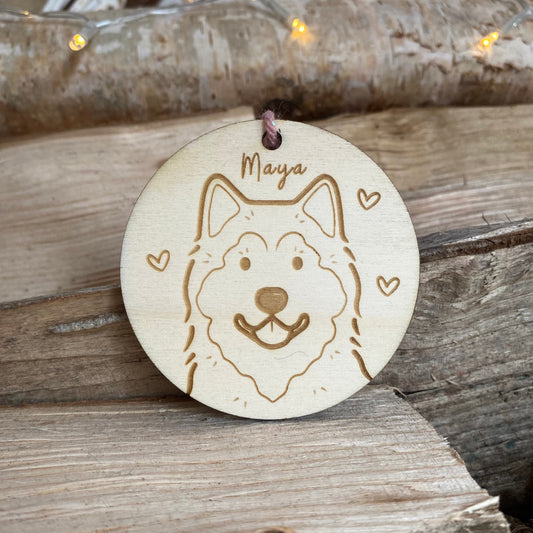 Alaskan Malamute Dog Breed Decoration Wood Ornament Cute Personalised Illustration Portrait Christmas Bauble Wooden Decor | nymbie