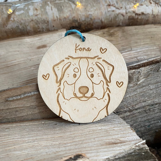 Australian Shepherd Dog Breed Decoration Wood Ornament Cute Personalised Illustration Portrait Christmas Bauble Wooden Decor | nymbie