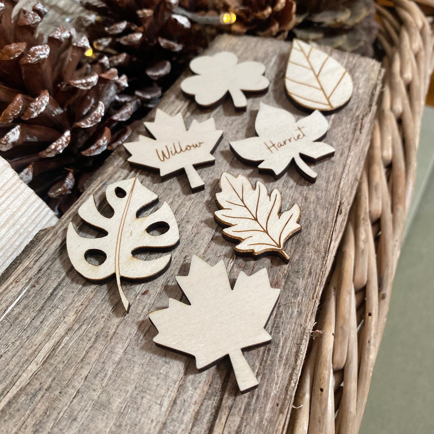 laser cut leaf wooden decorations wedding autumn place cards baubles magnet leaves