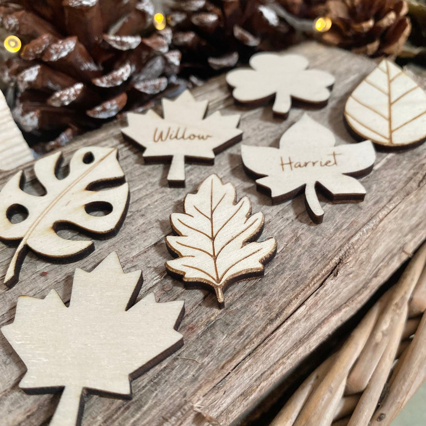 laser cut leaf wooden decorations wedding autumn place cards baubles magnet leaves