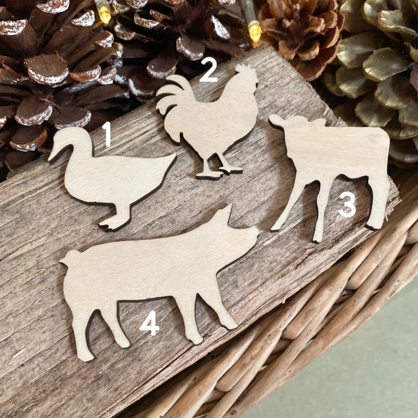 laser cut farm animals wooden decorations wedding pet guest place cards plain wood table toppers