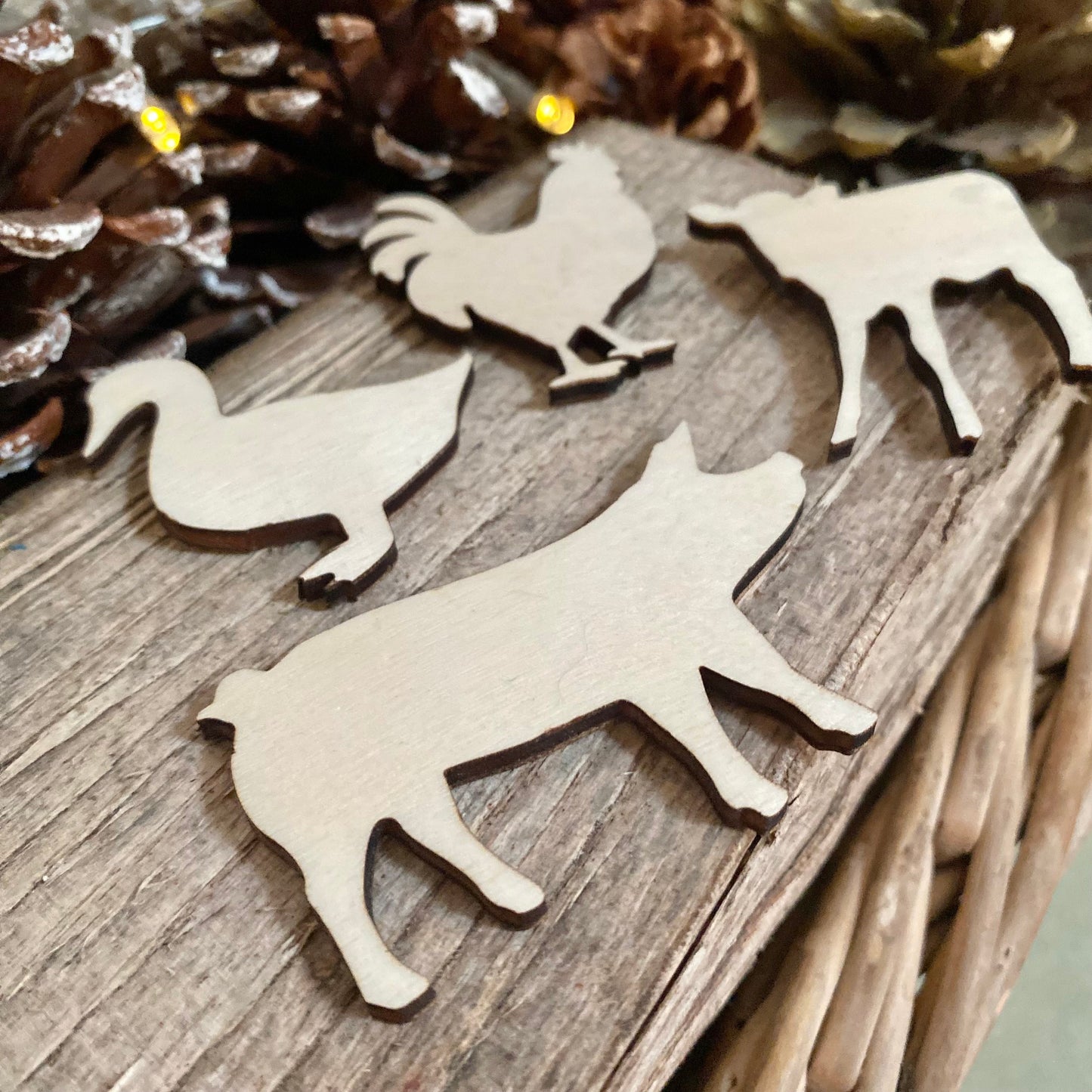 laser cut farm animals wooden decorations wedding pet guest place cards plain wood table toppers